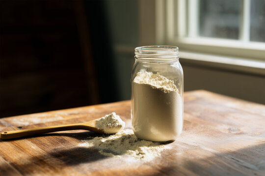 Bovine Colostrum High Protein Powder in Glass Jar with Wooden Spoon, Warm Sunlight and Rustic Kitchen Setting