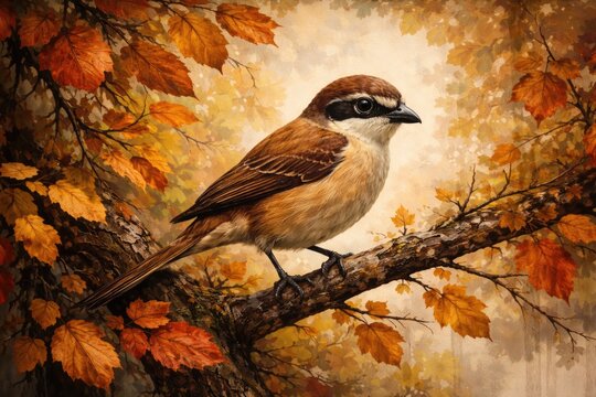 Illustrative mural featuring a brown shrike on a branch surrounded by autumn colored leaves