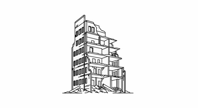 Ruined multi-story building with collapsed sections and debris