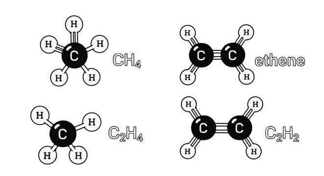 Black and white diagrams of molecules methane, ethene, and ethyne