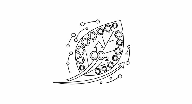 Conceptual illustration of leaf with gears and CO2 arrows, indicating growth and processing