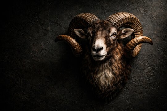 Dark textured wall background with realistic ram head taxidermy and visible intricate details plus copy space