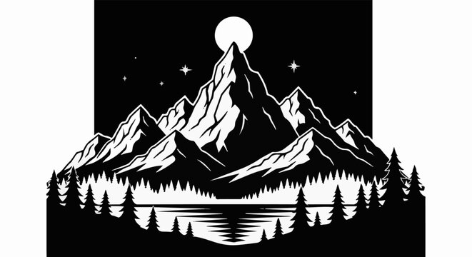 Moonlit mountain range with stars, lake, and pine trees