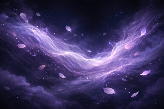 Ethereal violet mist resembling water and petals floating over dark sky scene
