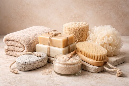 Collection of personal grooming products soap pumice scrub sponge brush and towel for body care with copy space