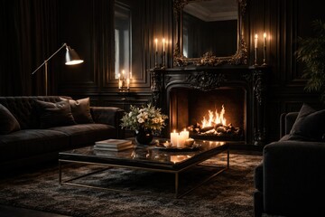 Naklejka premium Interior scene in black featuring ornamental moldings, roaring fireplace, candle glow, adjustable floor lamp, thick carpet, and stylish table mockup