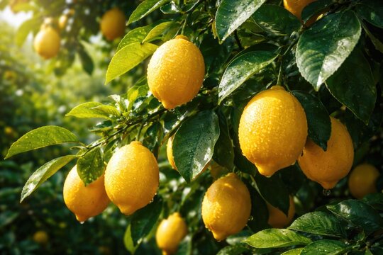 Close view of citrus lemon houseplant featuring yellow Meyer lemons and greenery