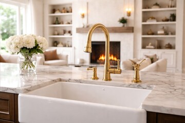 Naklejka premium Gold faucet farmhouse sink close up in kitchen with marble countertop view of living room fireplace and shelves
