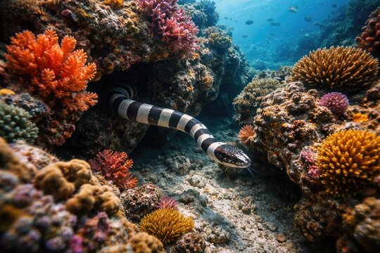 Curious sea krait exploring hidden crevices on the ocean floor with vivid coral