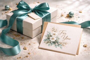 Obraz premium Greeting card decoration paired with teal satin ribbon gift box