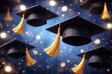 Obraz premium Blue background decorated with elegant graduation caps and radiant golden tassels plus sparkling bokeh effects