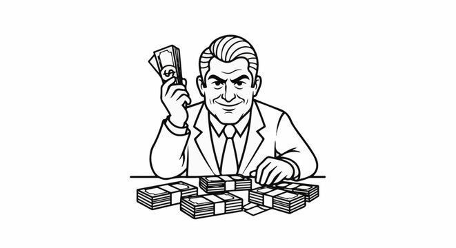 Man in suit smiling with stacks of money and holding some cash