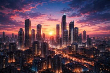 Fototapeta premium Conceptual digital anime style city skyline featuring business highrises and a colorful sunset twilight scene
