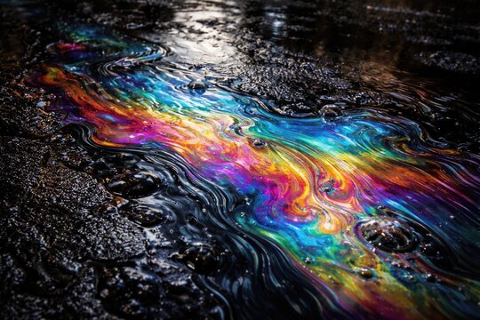 Colorful iridescence blending with tar and water on shiny pit surface