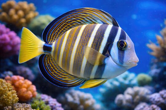 Close up image of a colorful sailfin tang in a tropical aquarium with a bright blue background