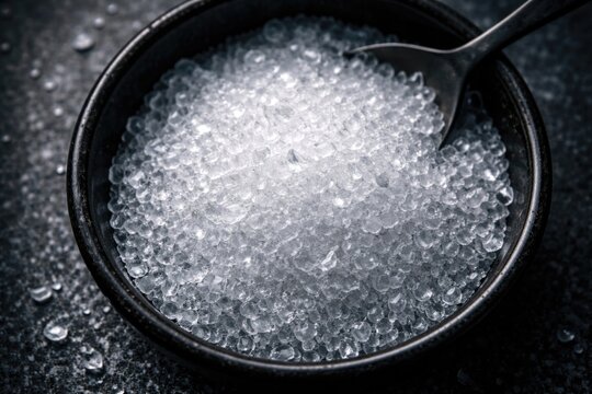 Close up top perspective of citric acid crystals resting in a dark bowl on a textured surface
