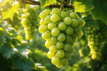Fototapeta premium Healthy green grapes growing in lush bunch
