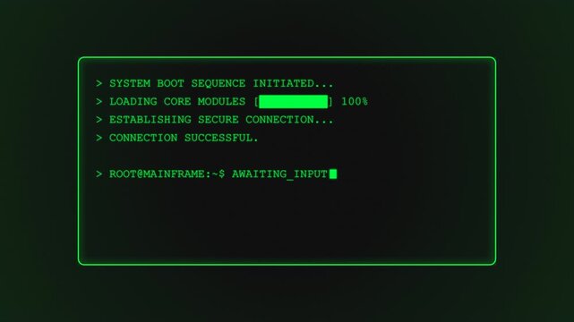 Retro Computer Terminal Screen Displaying System Boot Sequence and Secure Connection Established With Input Prompt