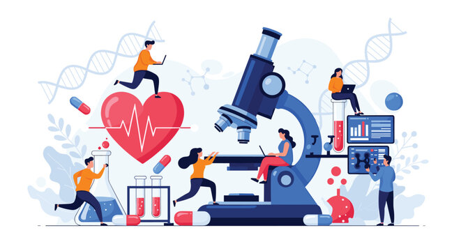 Scientists conducting medical research and analysis using giant microscope and laboratory equipment with heart and DNA symbols in background.