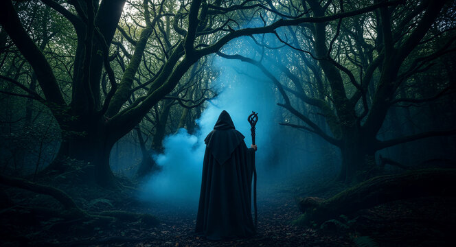 Hooded figure in a dark cloak holding a staff in a misty forest. Mysterious sorcerer or druid standing amidst blue smoke in ancient woods. Fantasy magic concept for gaming and storytelling.