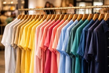 Obraz premium Array of multicolored shirts hanging side by side in a boutique