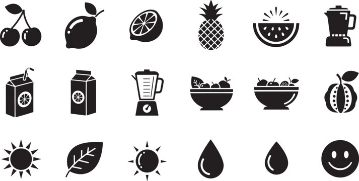 Black and white of fruits juice boxes blenders sun drops and smiley face