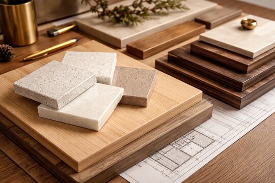 Interior material selection close-up showcasing artificial quartz stone and wood veneer samples arranged on laminated wood palette ideal for kitchen counters