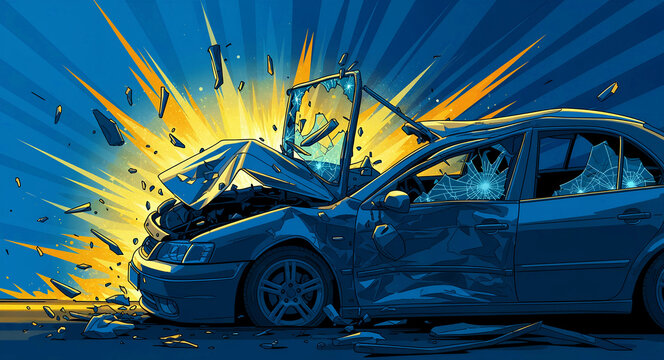 Dramatic comic book illustration of a car crash explosion. Shattered glass and debris fly from the front impact. Ideal for auto insurance, road safety campaigns, and legal claim marketing.