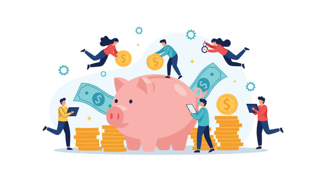 Group of tiny people working together to deposit gold coins and banknotes into a large pink piggy bank for their savings.