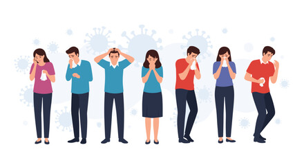 Obraz premium Group of people display symptoms of illness like coughing and sneezing while virus particles float in the background.