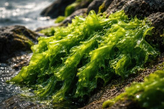High resolution close shot of fresh ulva lactuca seaweed growing along rocky shoreline