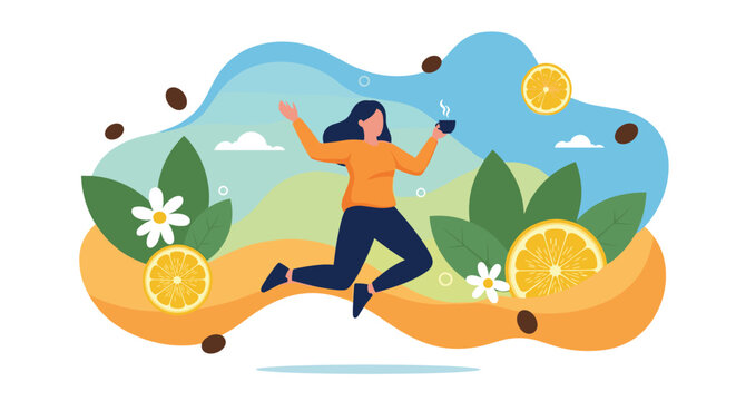 Joyful woman jumps in the air while holding a coffee cup amidst fresh citrus slices and blooming flowers.