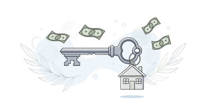 Large silver skeleton key features a house keychain with dollar bills floating around it for home ownership.