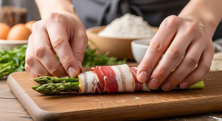 Obraz premium Preparing a bacon wrapped asparagus roll on a wooden cutting board