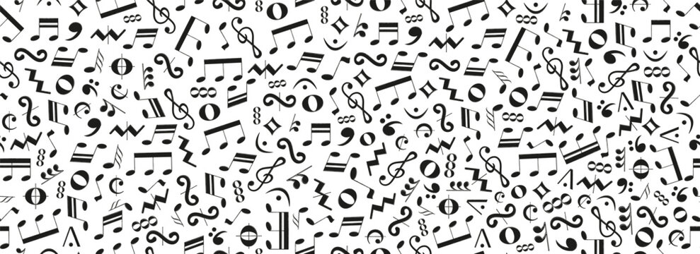 Music symbol seamless pattern. Black notes clefs and notation elements scattered on white background