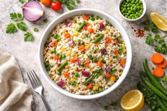 Birds eye view of a white bowl loaded with cooked rice and diverse vegetables like onions peas carrots and beans with copy space