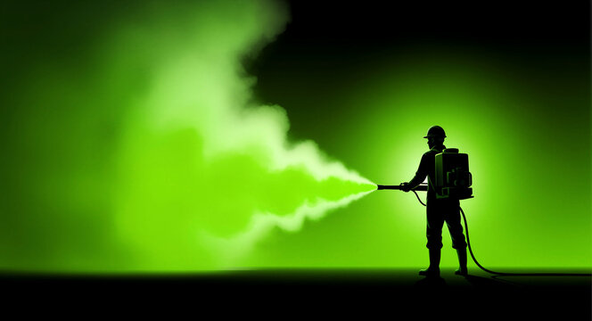 Worker silhouette spraying neon green mist into darkness. Technician using industrial equipment to disperse chemicals or gas. Toxic waste cleanup concept for environmental safety campaigns.