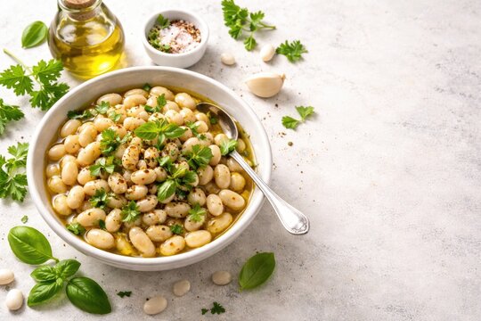 Light background with bowl of cannellini beans topped with oil and fresh herbs including copy space