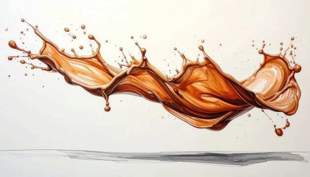 Artistic illustration of a dynamic chocolate liquid splash with droplets and a subtle shadow on white