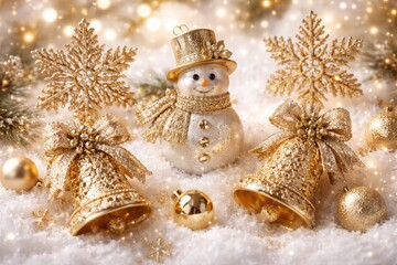 Obraz premium Luxurious set of gold Christmas tree ornaments featuring snowflakes bells and snowman on white