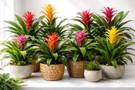 Array of potted bromeliads with rich foliage and decorative blooms arranged on white background