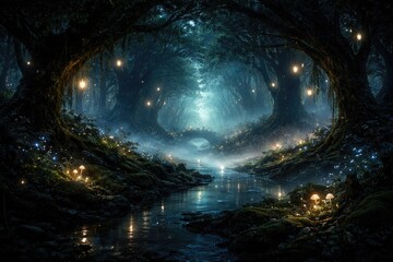 Naklejka premium Fairytale forest illuminated by subtle glowing mist at night