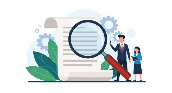 Professional business man and woman analyzing a document using a large magnifying glass for detailed inspection and audit purposes.