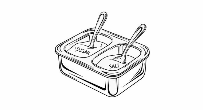 Divided container holding sugar and salt with spoons for serving