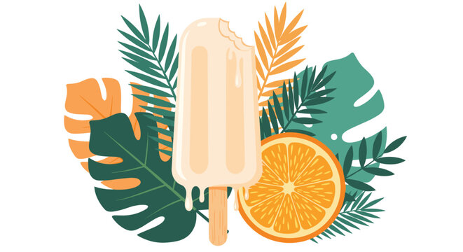 Refreshing ice cream bar on a stick with a bite taken out, aesthetically placed among lush tropical leaves and a juicy orange slice.