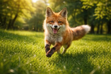 Fototapeta premium Cheerful pet fox sprinting through fresh green grass lawn with summer trees