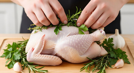 Naklejka premium Preparing a whole chicken with herbs for roasting in the kitchen with fresh rosemary and garlic
