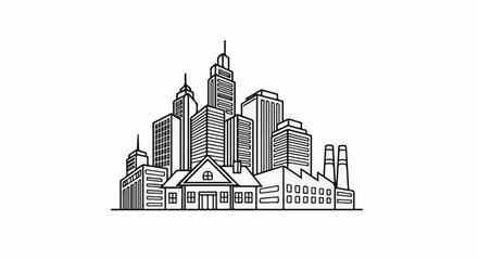 Obraz premium Stylized line art depicts a city skyline with tall buildings and an industrial factory