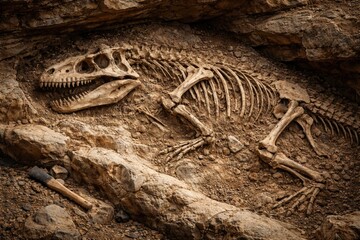 Naklejka premium Exposed dinosaur bones fossilized inside natural rock formation illustrating vanished organism
