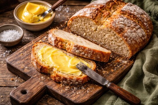 Irish fresh baked bread with golden butter from above